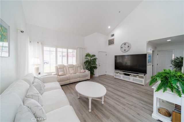 living room featuring high vaulted ceiling and light hardwood / wood-style flooring