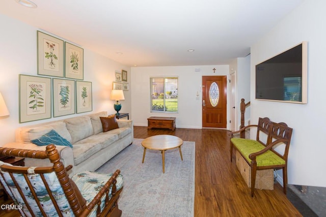 living room with dark hardwood / wood-style floors