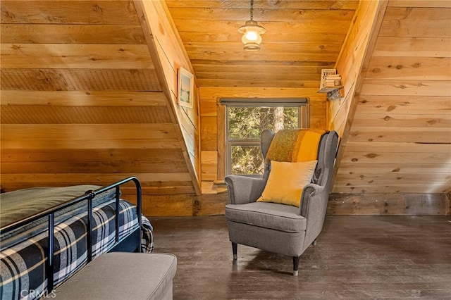 bedroom featuring dark hardwood / wood-style flooring, vaulted ceiling, and wooden ceiling