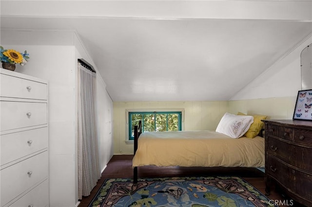 bedroom featuring dark hardwood / wood-style flooring and vaulted ceiling