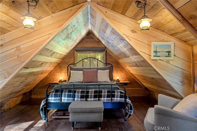 bedroom with dark hardwood / wood-style floors, vaulted ceiling, and wooden walls