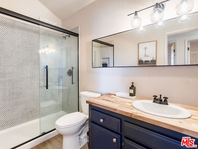 bathroom with wood-type flooring, lofted ceiling, toilet, a shower with door, and vanity