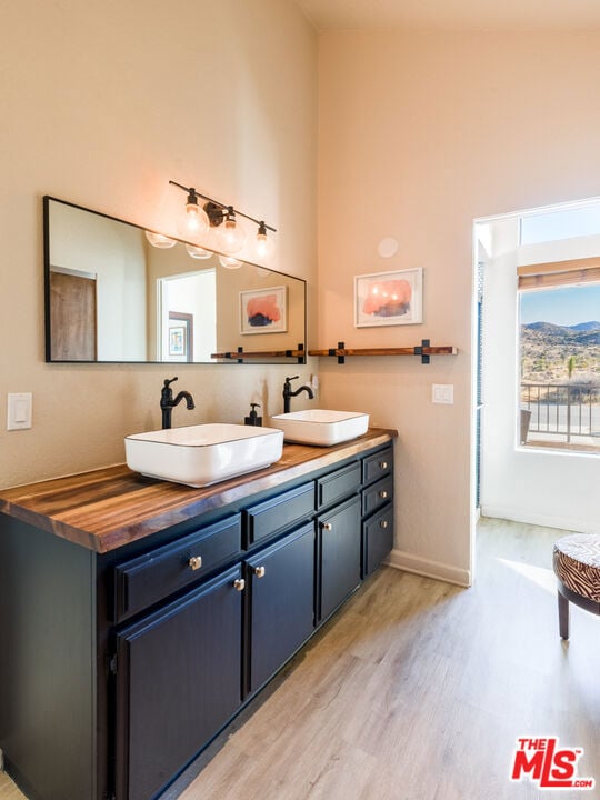 bathroom with hardwood / wood-style floors, vanity, and a high ceiling