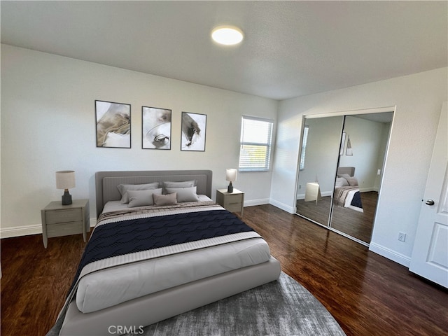 bedroom featuring dark wood-type flooring and a closet