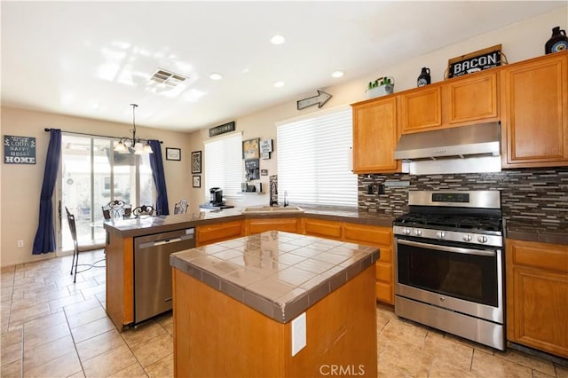 kitchen featuring tile counters, a center island, a chandelier, pendant lighting, and appliances with stainless steel finishes