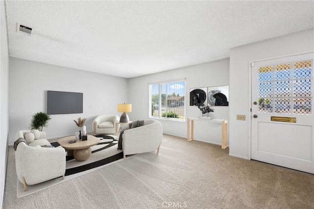 carpeted living room featuring a textured ceiling