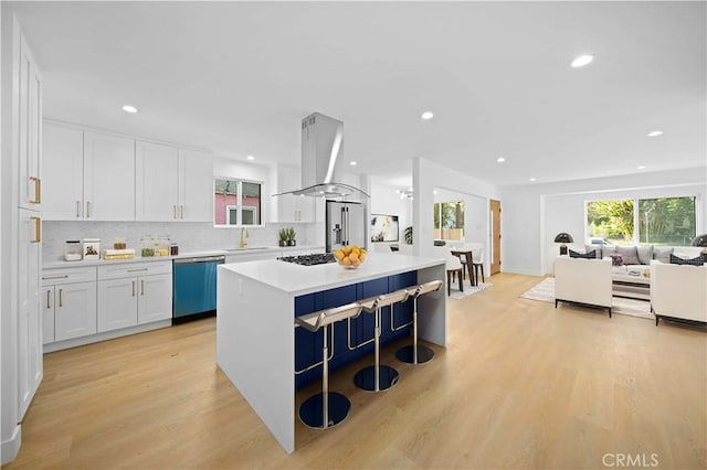 kitchen featuring white cabinetry, a center island, light hardwood / wood-style floors, island range hood, and appliances with stainless steel finishes