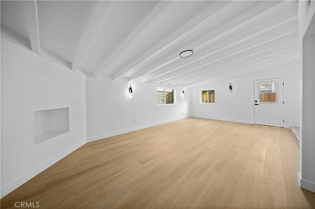 unfurnished living room featuring lofted ceiling with beams and light hardwood / wood-style flooring