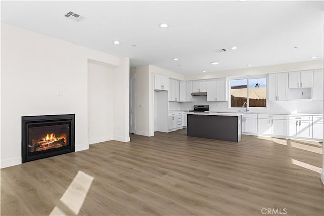 kitchen featuring a center island, white cabinets, sink, stainless steel range, and wood-type flooring