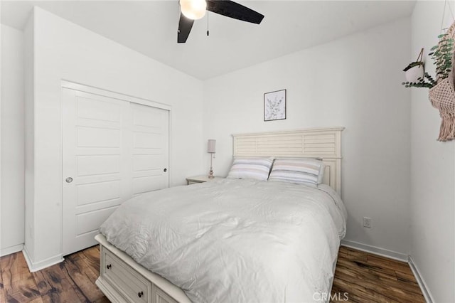 bedroom with ceiling fan, a closet, and dark hardwood / wood-style floors