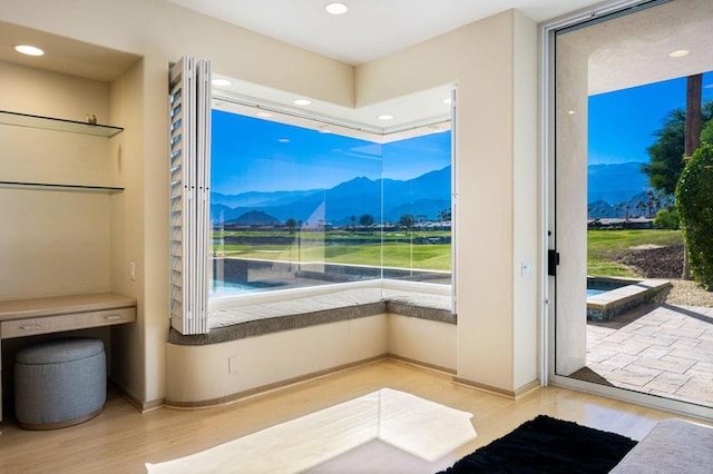 entryway with a mountain view, light hardwood / wood-style floors, and a healthy amount of sunlight