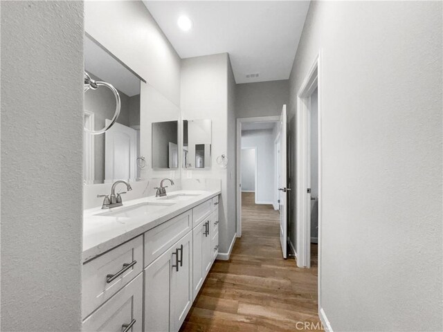 bathroom with wood-type flooring and vanity