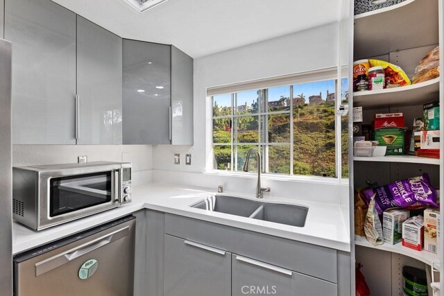 kitchen featuring sink, gray cabinetry, and stainless steel appliances