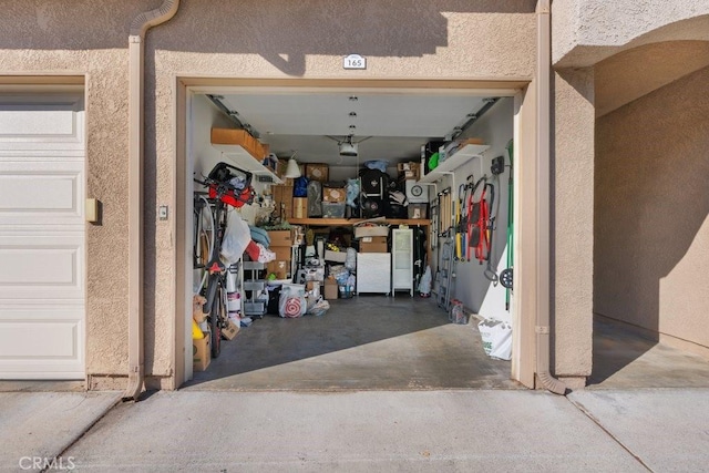 garage with a workshop area