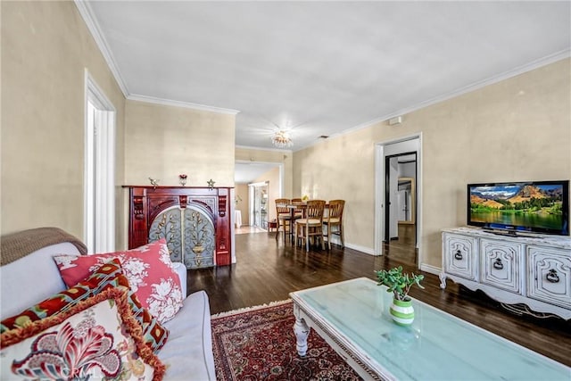 living room featuring dark hardwood / wood-style floors and ornamental molding