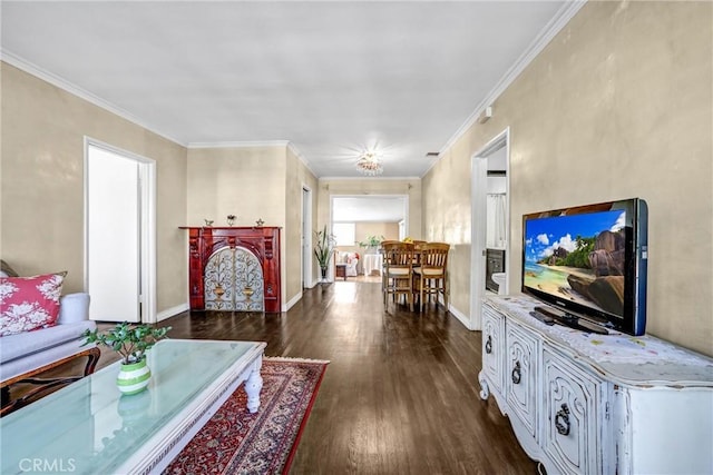 living room with ornamental molding and dark wood-type flooring