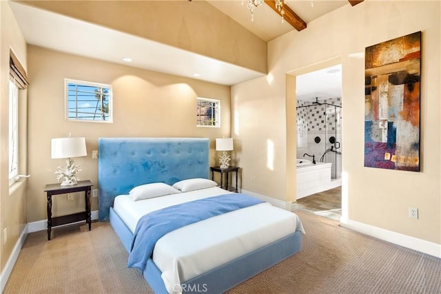 carpeted bedroom with ceiling fan and beam ceiling