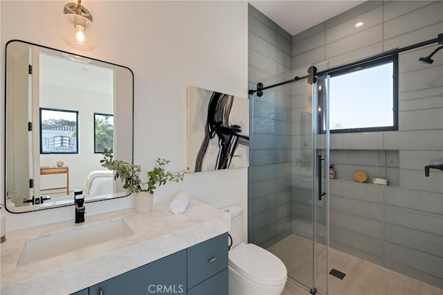 bathroom with an enclosed shower, vanity, toilet, and a wealth of natural light