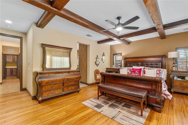 bedroom featuring beamed ceiling, light hardwood / wood-style floors, ceiling fan, and coffered ceiling