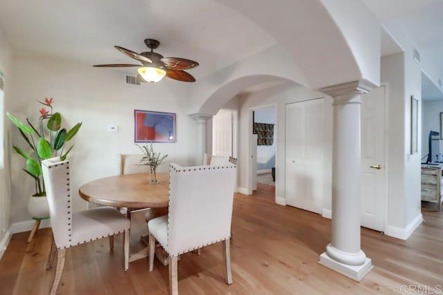 dining area with ceiling fan and light wood-type flooring