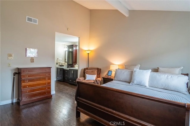 bedroom featuring beam ceiling, dark hardwood / wood-style floors, and high vaulted ceiling