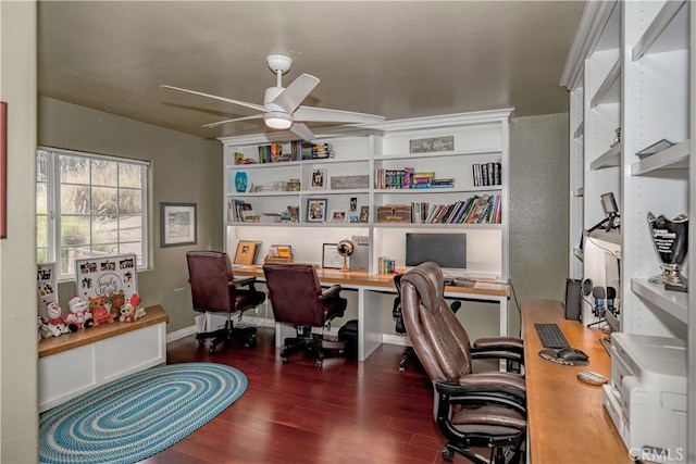 office area featuring ceiling fan and dark wood-type flooring