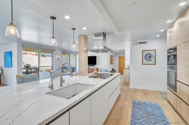 kitchen featuring decorative light fixtures, light wood-type flooring, stainless steel appliances, and sink