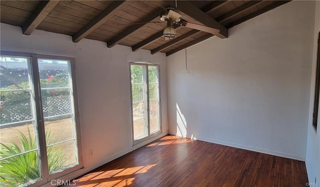 unfurnished room featuring lofted ceiling with beams, hardwood / wood-style flooring, ceiling fan, and wood ceiling