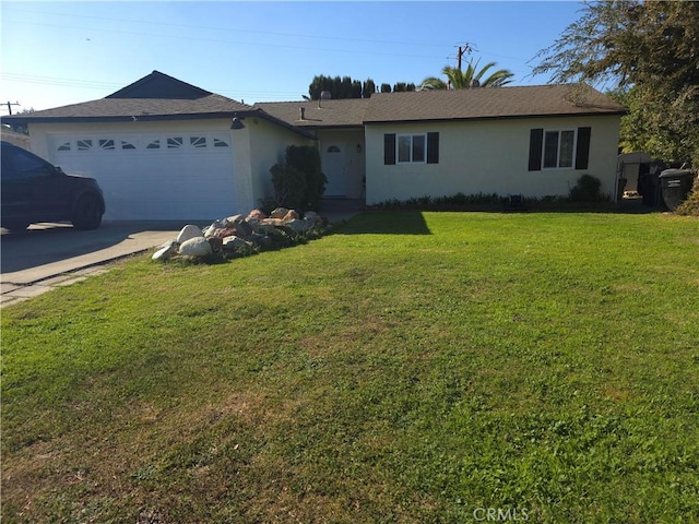 ranch-style home with a garage and a front lawn