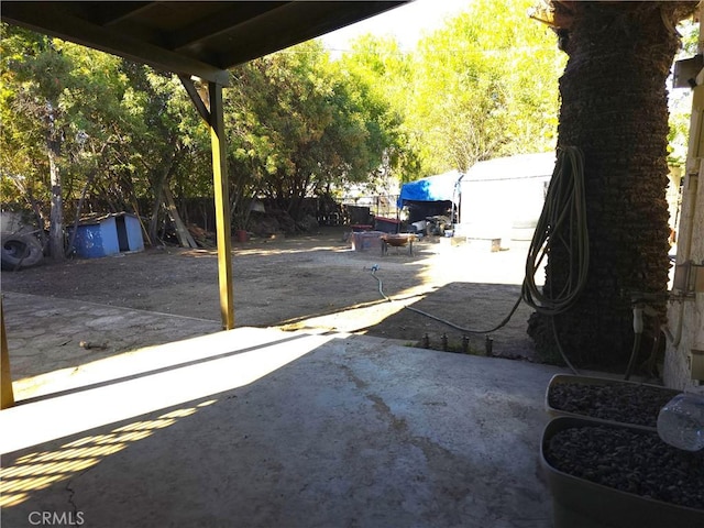 view of patio / terrace featuring a shed