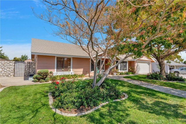 ranch-style home with a front yard and a garage