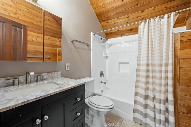 full bathroom with wood ceiling, tile patterned flooring, shower / tub combo, toilet, and vaulted ceiling