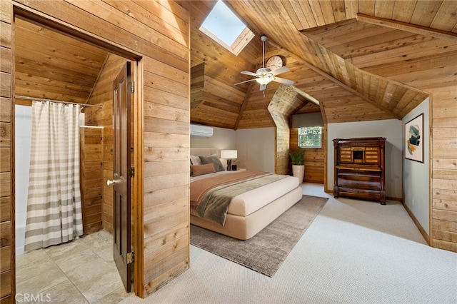 carpeted bedroom with wooden ceiling, a wall unit AC, and wooden walls