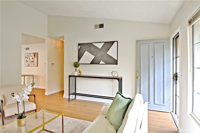 living area featuring light hardwood / wood-style floors, a textured ceiling, and vaulted ceiling