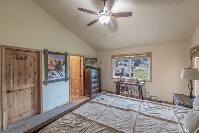 carpeted bedroom featuring ceiling fan and high vaulted ceiling