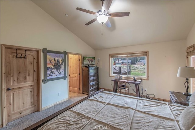 bedroom with high vaulted ceiling, carpet, baseboards, and a ceiling fan