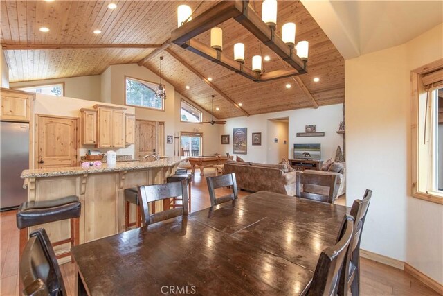 dining space with wooden ceiling, high vaulted ceiling, billiards, ceiling fan, and light hardwood / wood-style floors