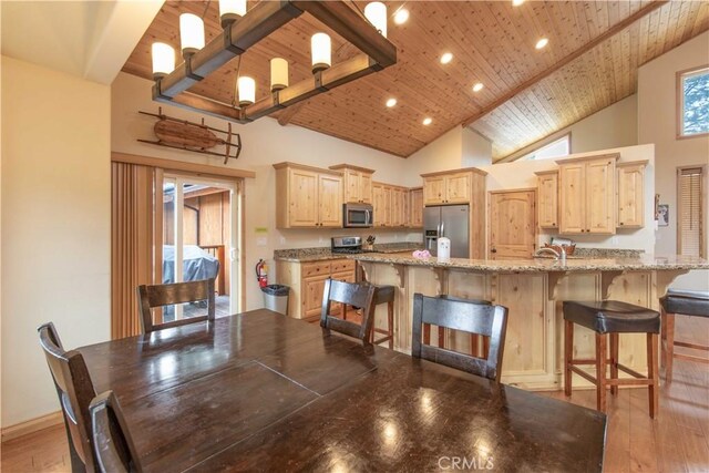 dining room with light hardwood / wood-style flooring, high vaulted ceiling, wooden ceiling, and sink