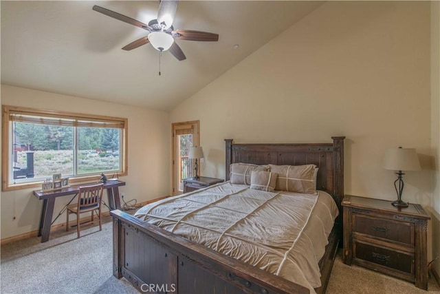 bedroom with ceiling fan, high vaulted ceiling, and light carpet