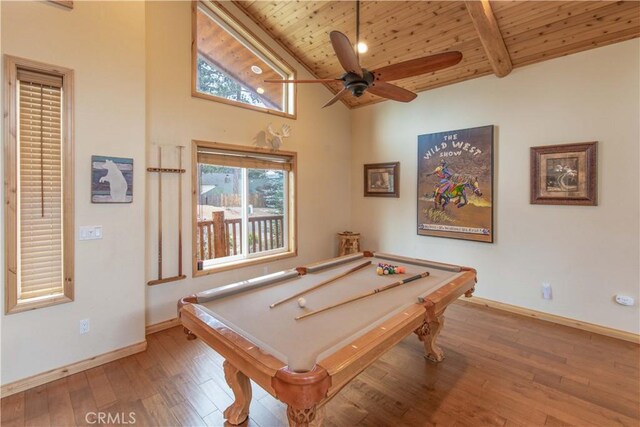 rec room featuring wood-type flooring, ceiling fan, wooden ceiling, and billiards