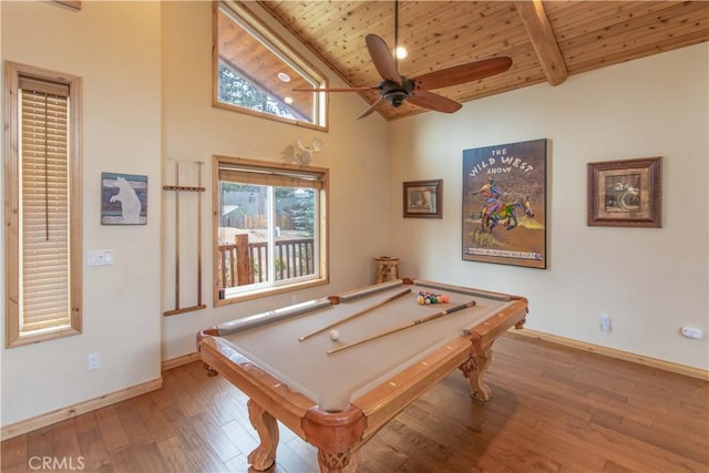 recreation room featuring wood finished floors, a ceiling fan, wood ceiling, baseboards, and beam ceiling