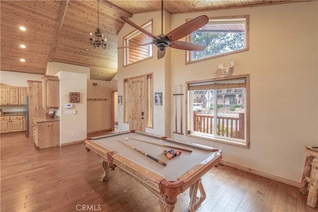 rec room featuring pool table, a ceiling fan, wood ceiling, high vaulted ceiling, and light wood-type flooring