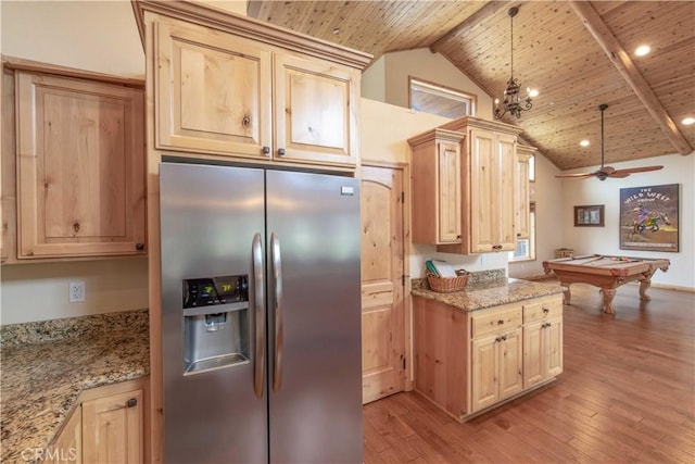 kitchen with pendant lighting, lofted ceiling with beams, pool table, light hardwood / wood-style floors, and stainless steel fridge with ice dispenser