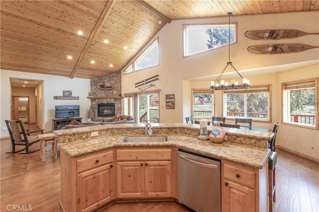 kitchen featuring dishwasher, light wood-type flooring, a healthy amount of sunlight, and sink