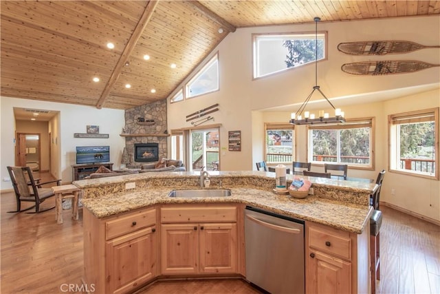 kitchen featuring a sink, wood ceiling, and stainless steel dishwasher