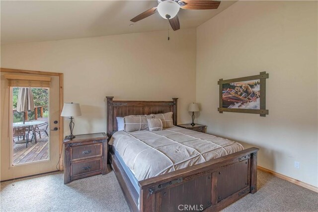 carpeted bedroom featuring access to outside, ceiling fan, and lofted ceiling