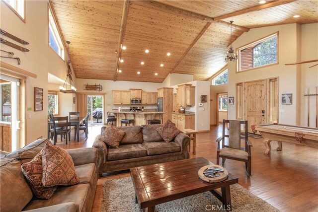 living room featuring light hardwood / wood-style floors, high vaulted ceiling, a wealth of natural light, and wooden ceiling