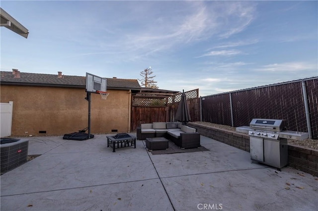 view of patio featuring an outdoor living space, area for grilling, and cooling unit