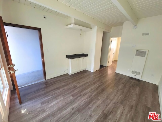 unfurnished living room with beamed ceiling, dark wood-type flooring, and wood ceiling