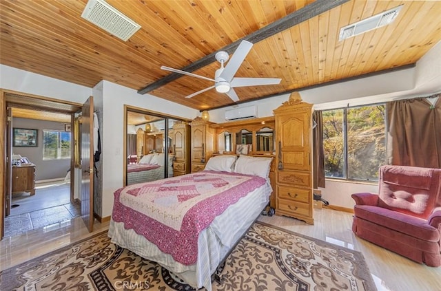 bedroom with light hardwood / wood-style flooring, ceiling fan, wood ceiling, a wall unit AC, and a closet